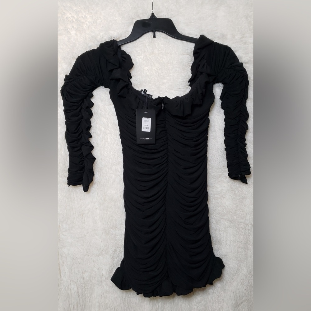 Fashion Nova You’re A Lucky One Black Off-Shoulder Mini Dress Size Medium NWT - Picture 3 of 13
